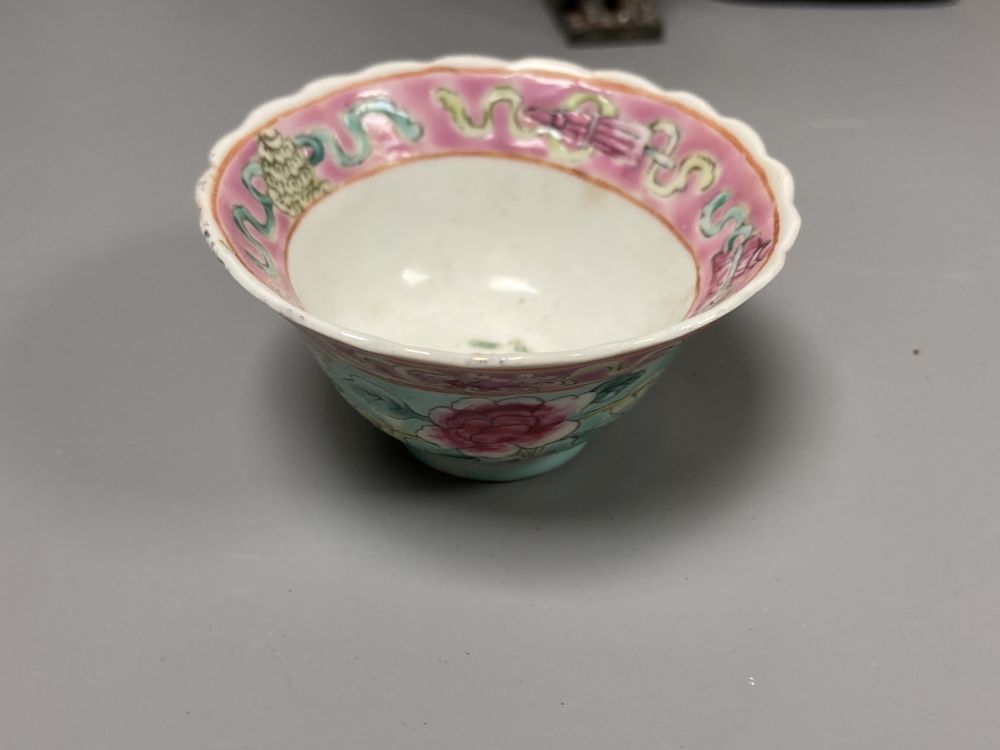 A Chinese blue and white vase & cover, a celadon vase, pair pots & covers,  miniature dish, cast iron bronze an 2 other items